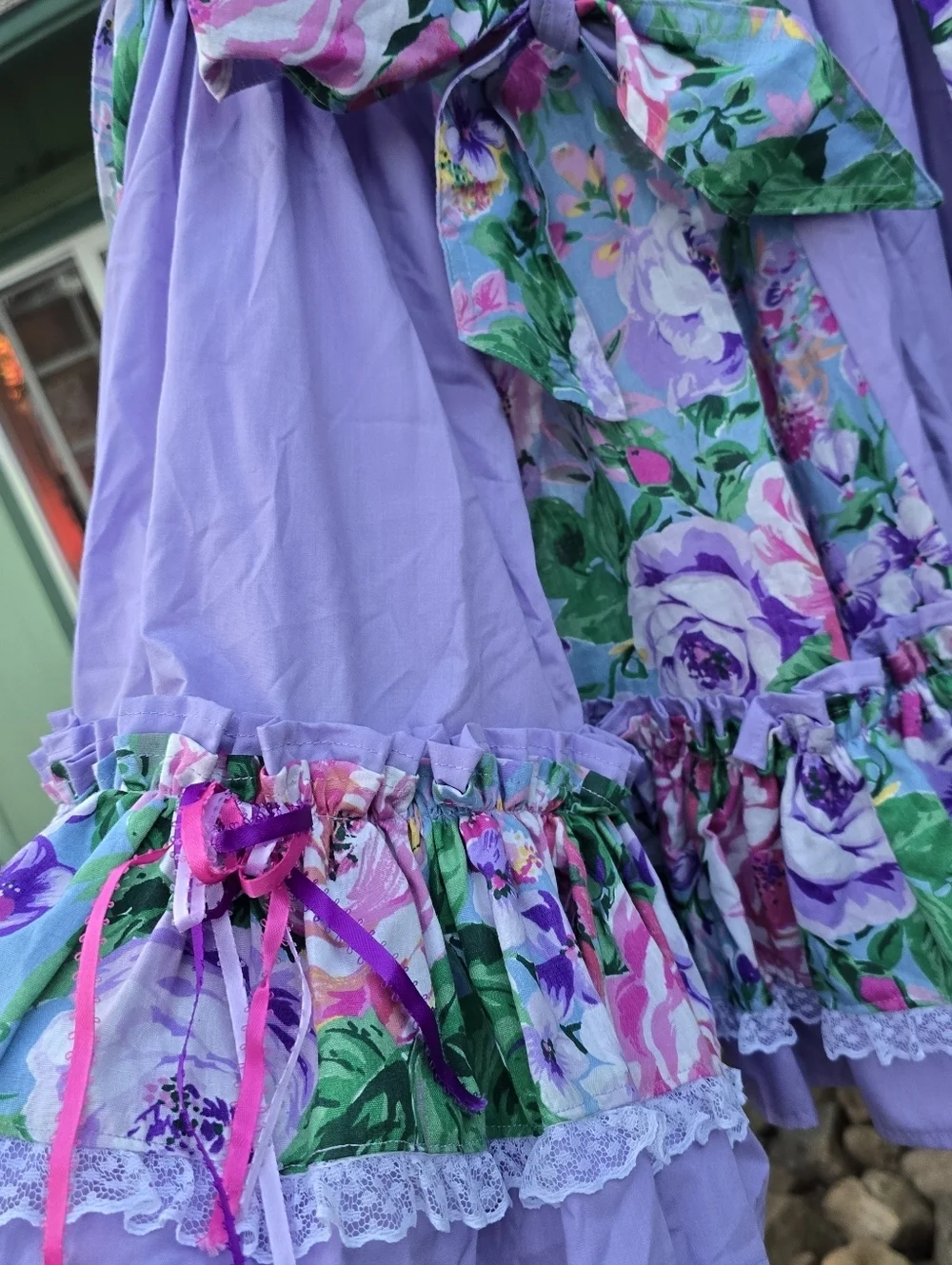 Vintage 80s 90s Floral Pastel Ruffle Mini Skirt Cottagecore Lavender Lace